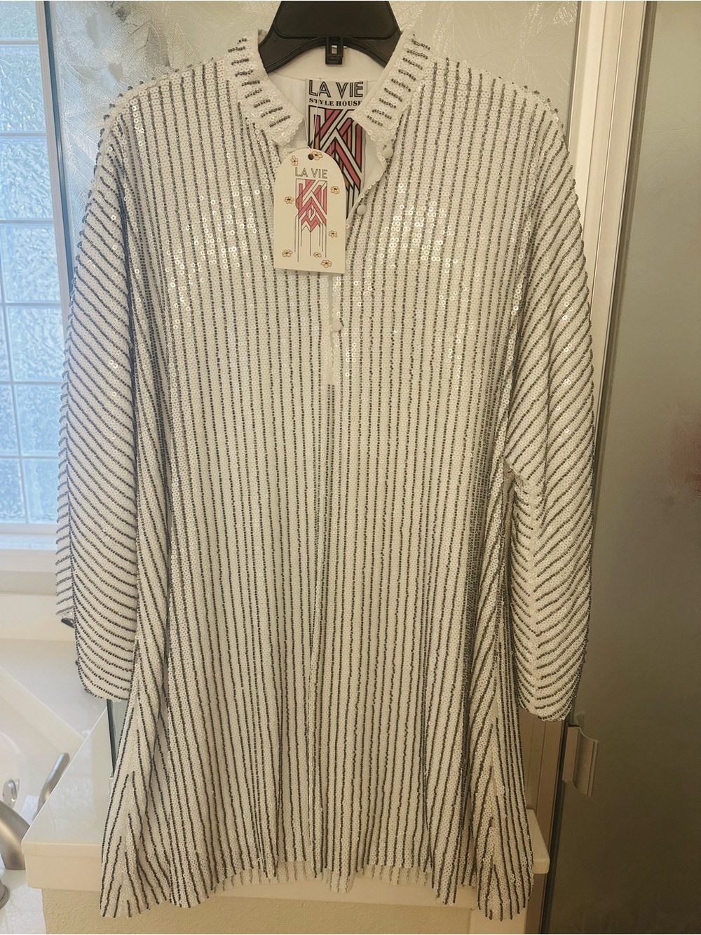 La Vie Style House Sequined White & Black Striped Midi Dress with Subtle Shine